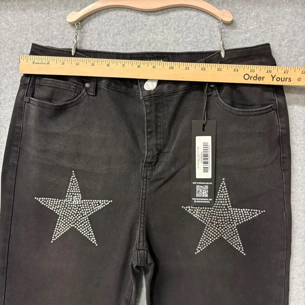 Rockstar Original Stargirl Super Stacked Flare Jeans Black Rhinestone XL NWT